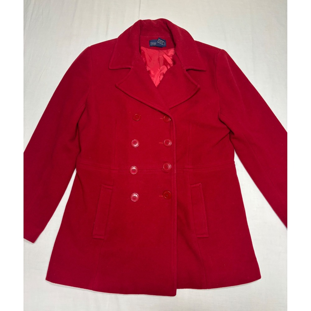 Herman Geist Womens Red 100% Wool Double Breasted Pea Coat Jacket Size 10